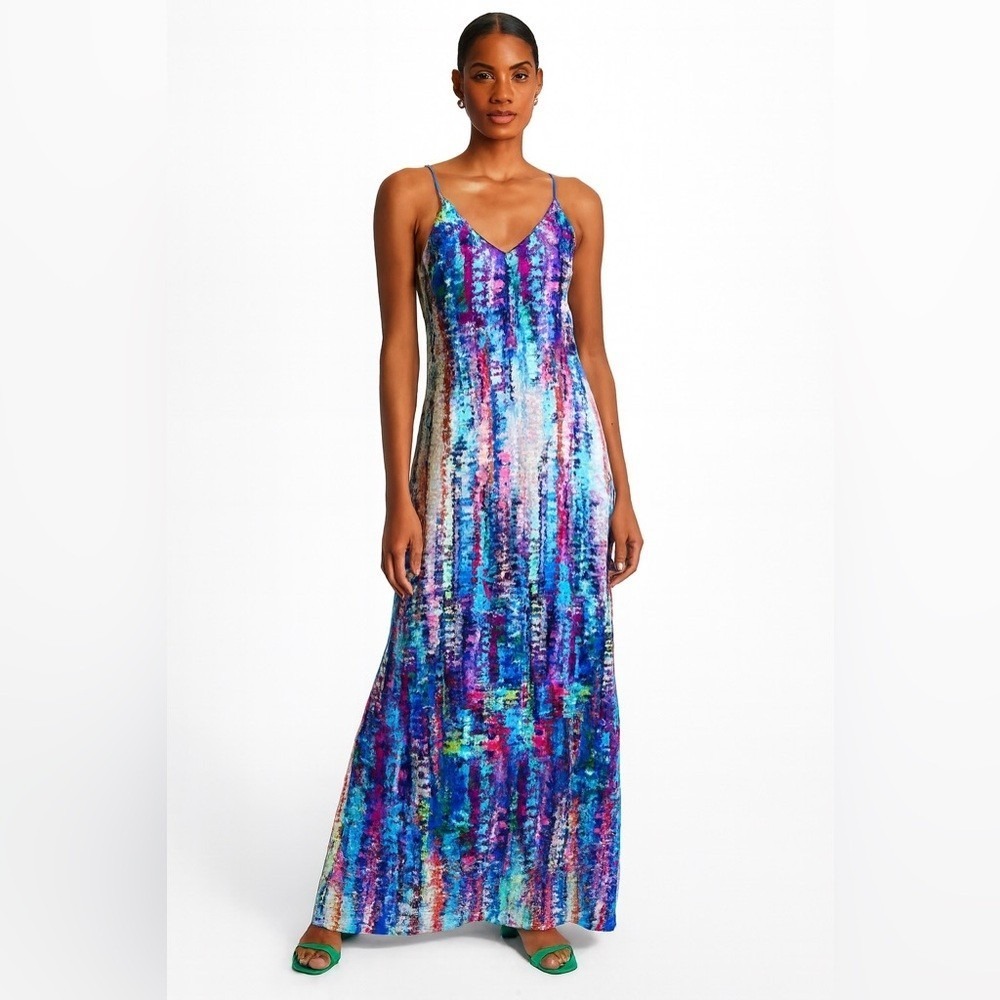 Vibrant Abstract Watercolor Flowy Racerback Maxi Dress Beach Vacation Size‎ Med